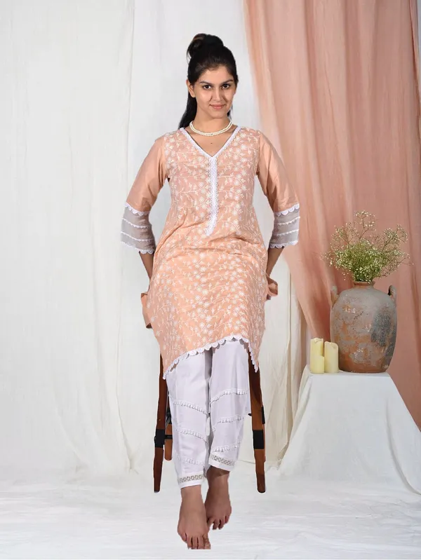 Peach_Embroidered_Cotton_Kurta_with_Cotton_Pant_-_Set_of_2_-_XXL