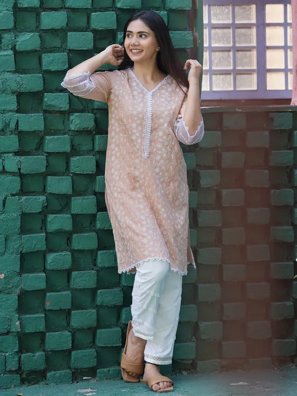 Peach_Embroidered_Cotton_Kurta_with_Cotton_Pant_-_Set_of_2_-_XXL