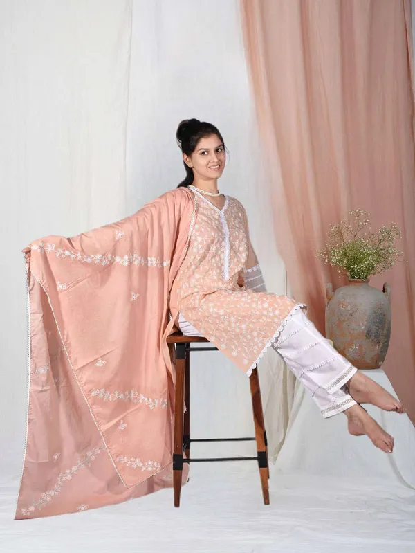 Peach_Embroidered_Cotton_Kurta_with_Cotton_Pant_-_Set_of_2_-_XXL