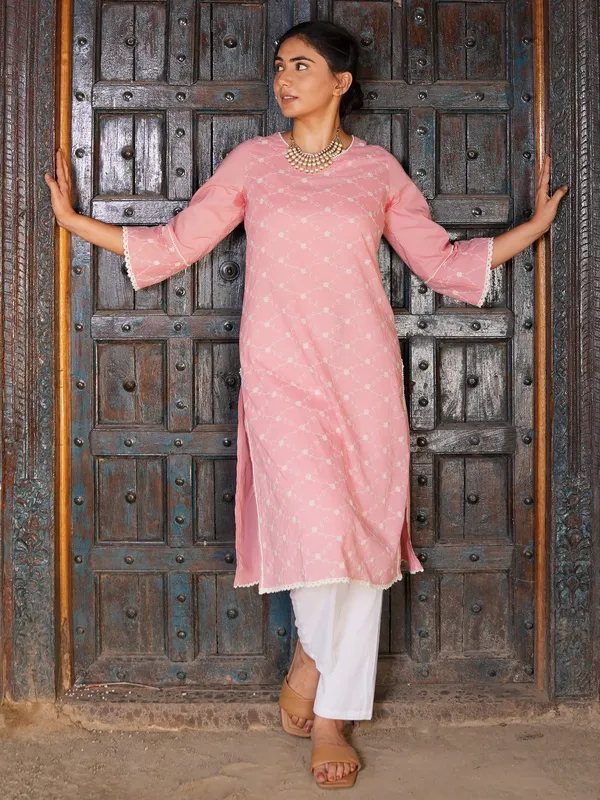 Pink_Embroidered_Round_Neck_Cotton_Kurta_with_White_Pant_-_Set_of_2_-_XXL