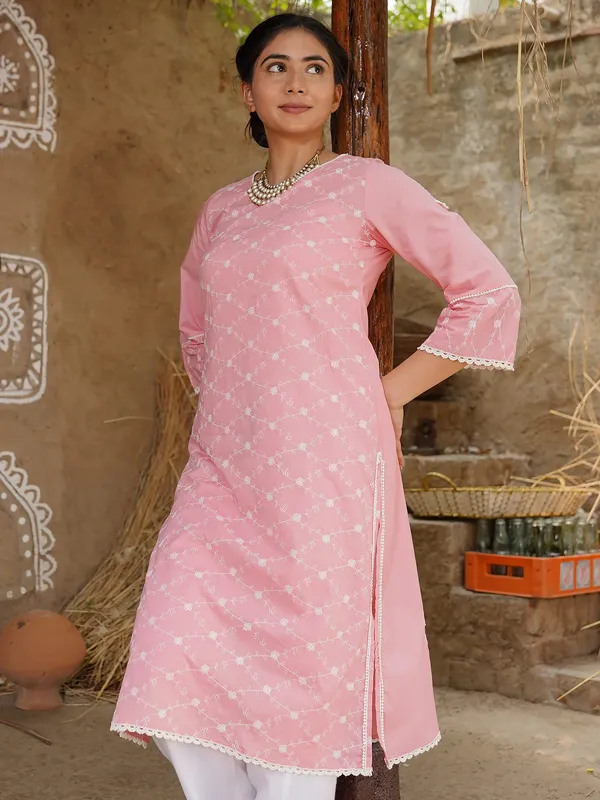 Pink_Embroidered_Round_Neck_Cotton_Kurta_with_White_Pant_-_Set_of_2_-_XXL