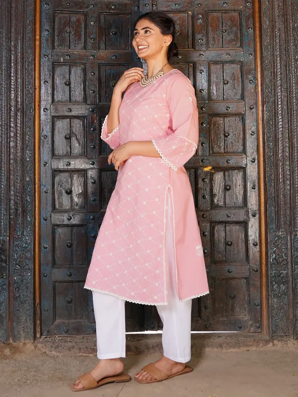 Pink_Embroidered_Round_Neck_Cotton_Kurta_with_White_Pant_-_Set_of_2_-_XXL