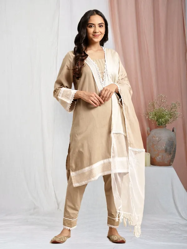 Beige_Handloom_Ikat_Cotton_Kurta_with_Pintuck_Pant_and_Embroidered_Dupatta_-_Set_of_3_-_XXL