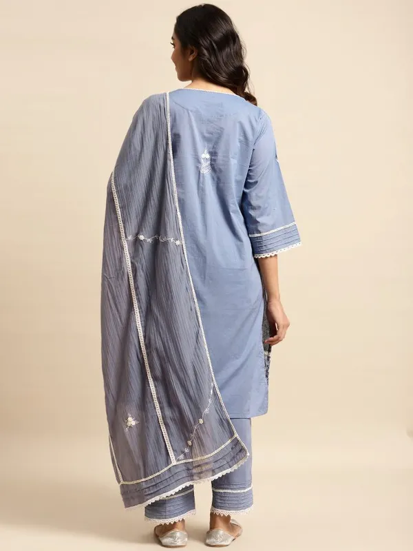 Grey_Blue_Embroidered_Round_Neckline_Cotton_Kurta_with_Lace_Pant_-_Set_of_2_-_XXL