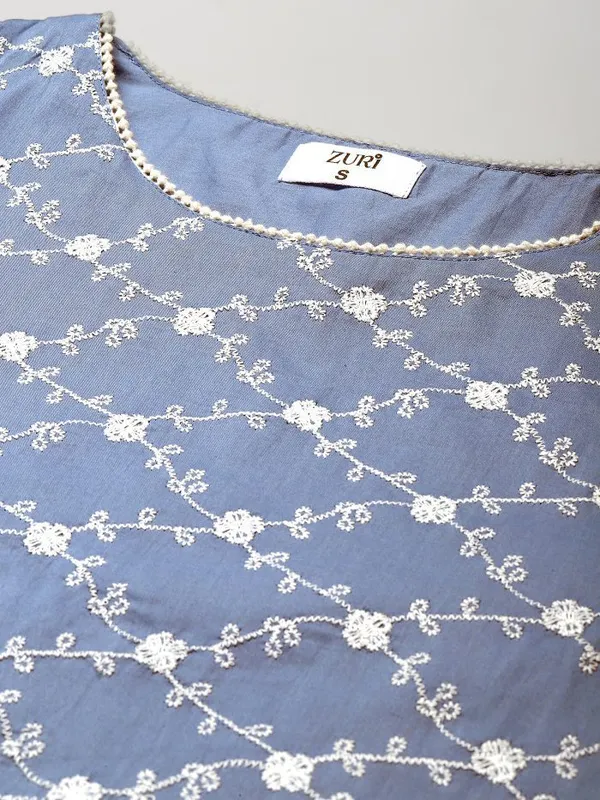Grey_Blue_Embroidered_Round_Neckline_Cotton_Kurta_with_Lace_Pant_-_Set_of_2_-_XXL