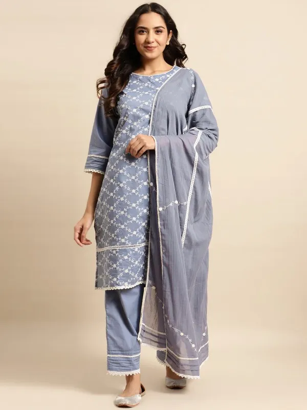 Grey_Blue_Embroidered_Round_Neckline_Cotton_Kurta_with_Lace_Pant_and_Embroidered_Dupatta_-_Set_of_3_-_XXL