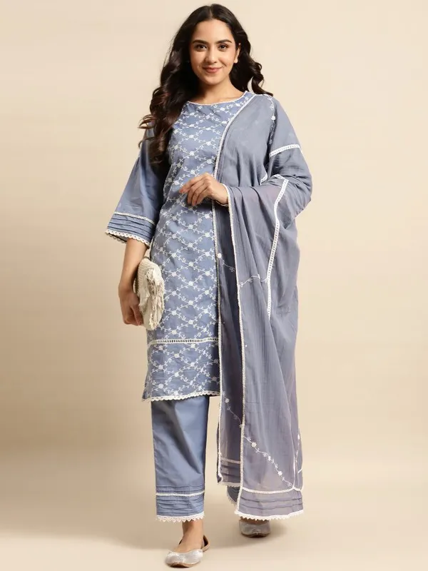 Grey_Blue_Embroidered_Round_Neckline_Cotton_Kurta_-_XXL
