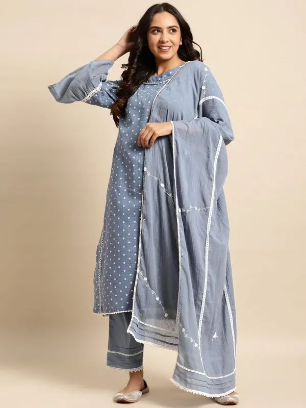 Blue_Polka_Dot_Printed_Cotton_Kurta_with_Lace_Pant_-_Set_of_2_-_XXL