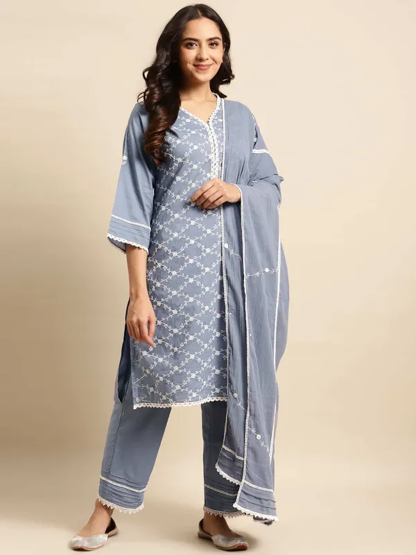 Grey_Blue_Embroidered_V_Neckline_Cotton_Kurta_with_Lace_Pant_-_Set_of_2_-_XXL