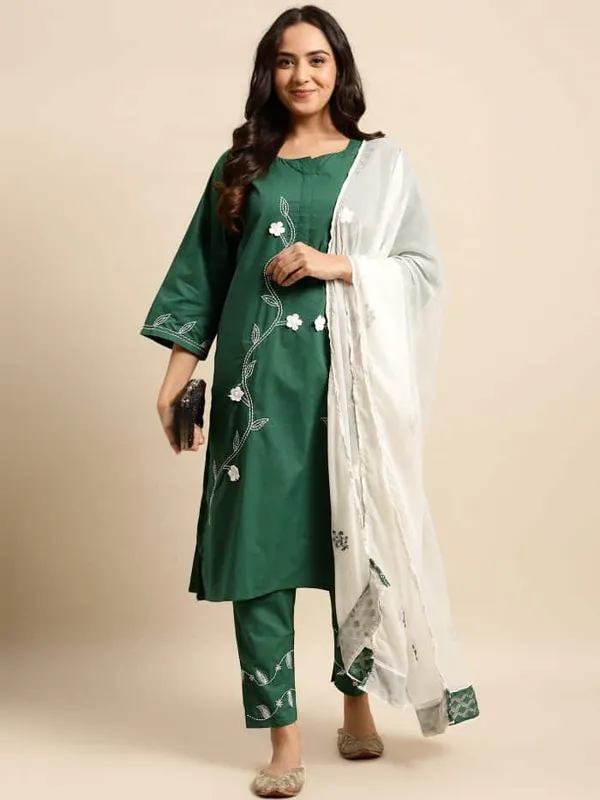 Green_3D_Patch_Work_Embroidered_Cotton_Kurta_-_XXL