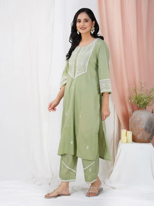 Olive_Green_Embroidered_Cotton_Kurta_With_Matching_Pant_And_Dupatta_-_XXL