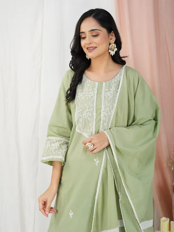 Olive_Green_Embroidered_Cotton_Kurta_With_Matching_Pant_And_Dupatta_-_XXL
