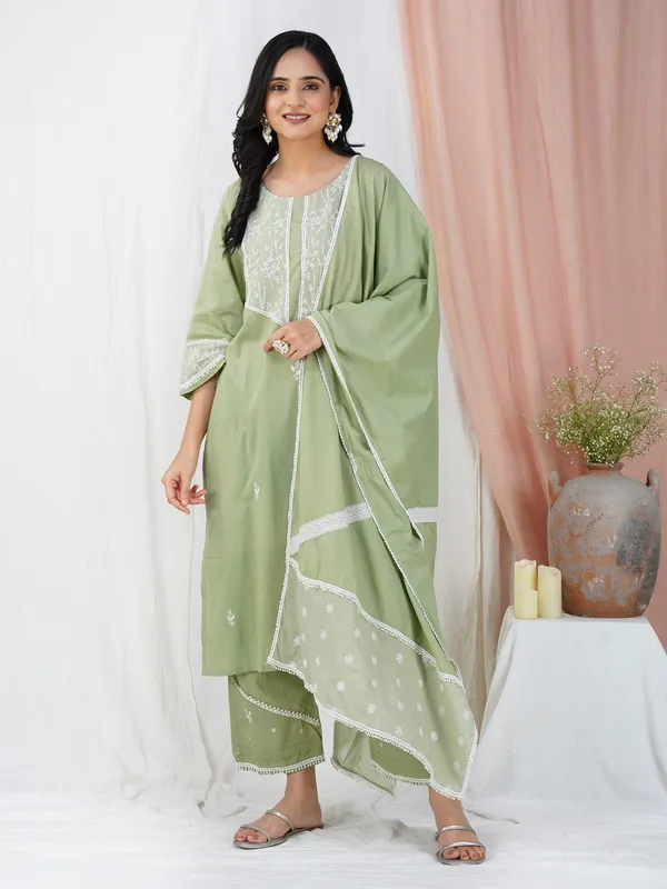Olive_Green_Embroidered_Cotton_Kurta_With_Matching_Pant_And_Dupatta_-_XXL