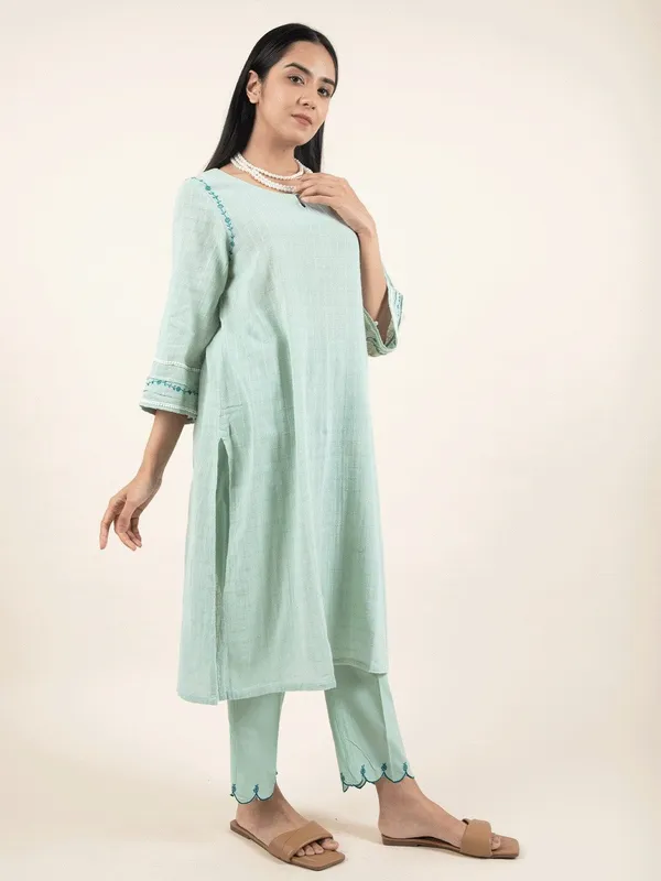 Green_Hand_Embroidered_Cotton_Kurta_Paired_With_Matching_Pant_And_Dupatta