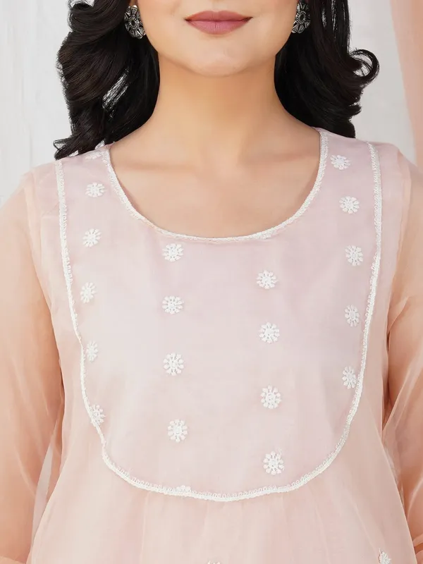 Peach_Lace_Embroidered_Short_Organza_Kurta_paired_with_matching_Palazzo_-_XXL