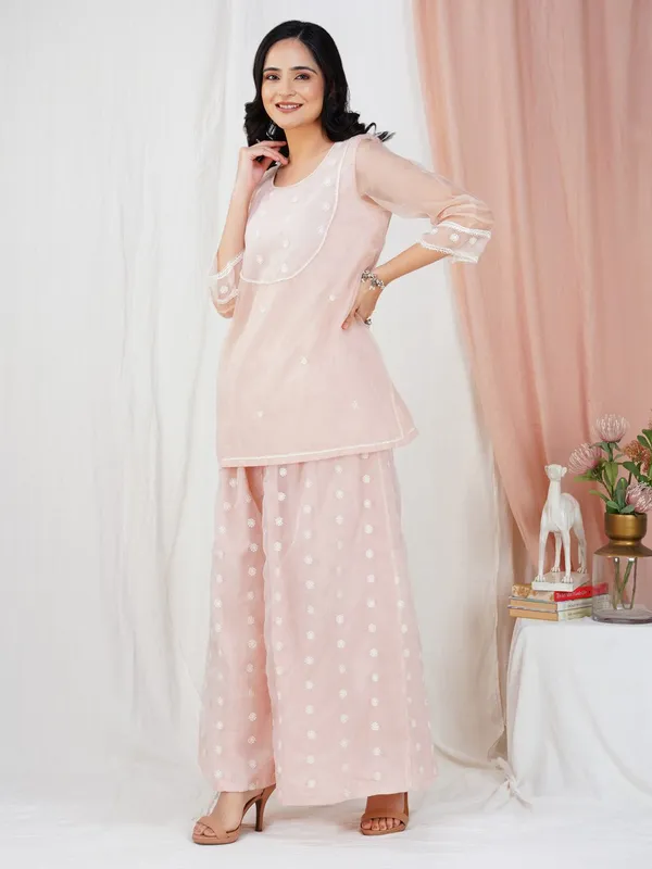 Peach_Lace_Embroidered_Short_Organza_Kurta_paired_with_matching_Palazzo_-_XXL