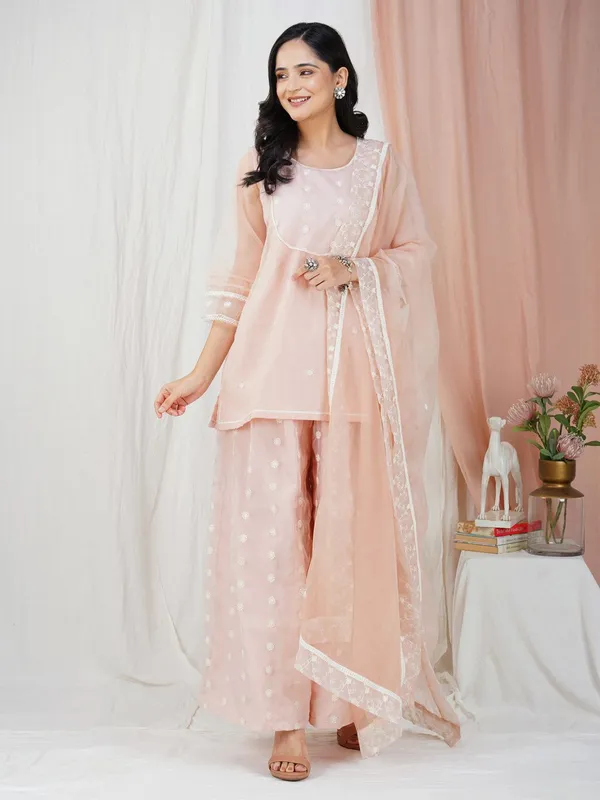 Peach_Lace_Embroidered_Short_Organza_Kurta_matching_Palazzo_and_dupatta_-_XXL