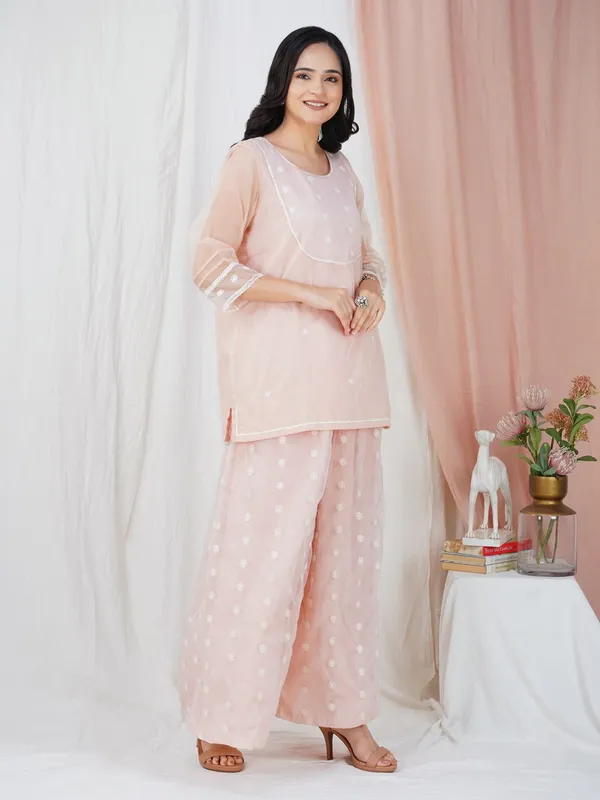 Peach_Lace_Embroidered_Short_Organza_Kurta_matching_Palazzo_and_dupatta_-_XXL