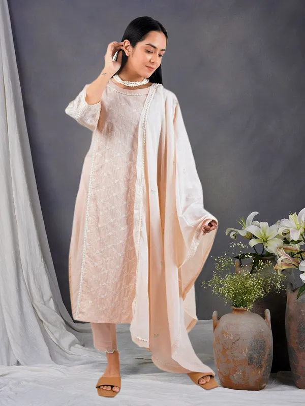 Peach_Multicolor_Embroidered_Cotton_Striped_Kurta_Paired_With_Matching_Pant_-_XXL