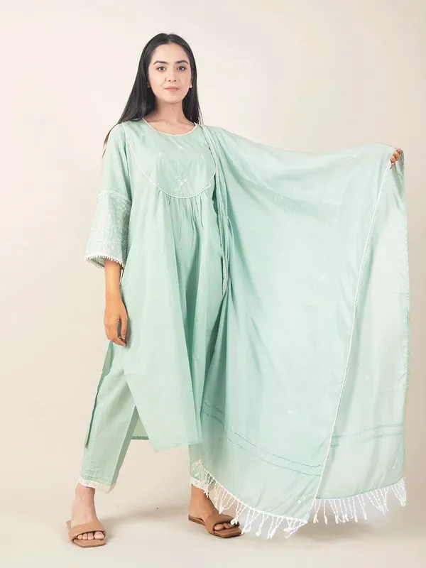 Sea_Green_Cotton_Kurta_With_Matching_Pant_And_Dupatta_-_XXL