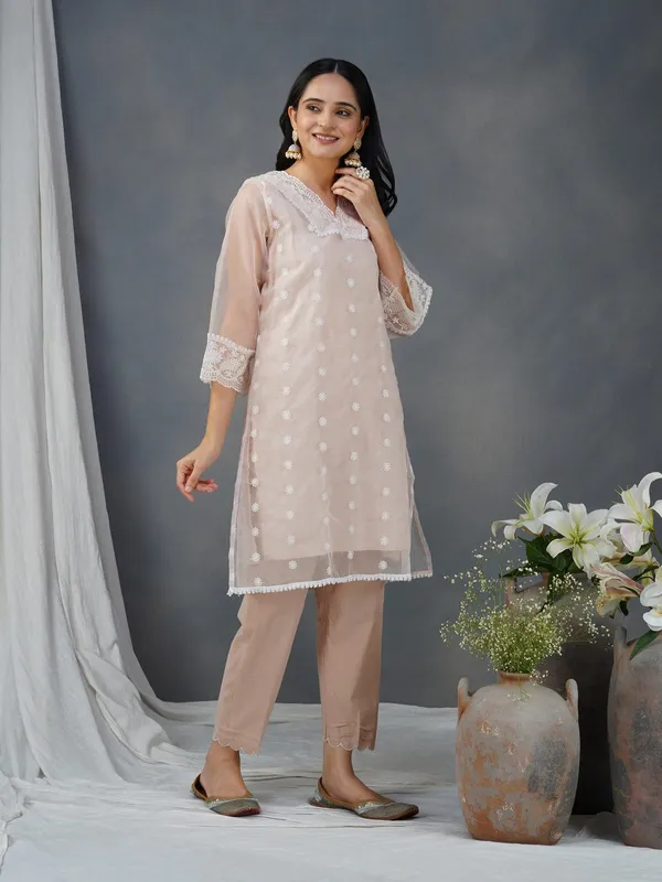 Peach_Embroidered_Organza_Kurta_Paired_With_Matching_Pants_-_XXL