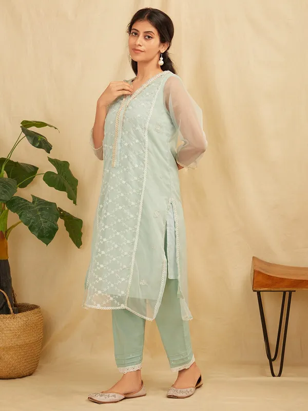 Sea_Green_Embroidered_Organza_Kurta_With_Sea_Green_Pants_-_XXL
