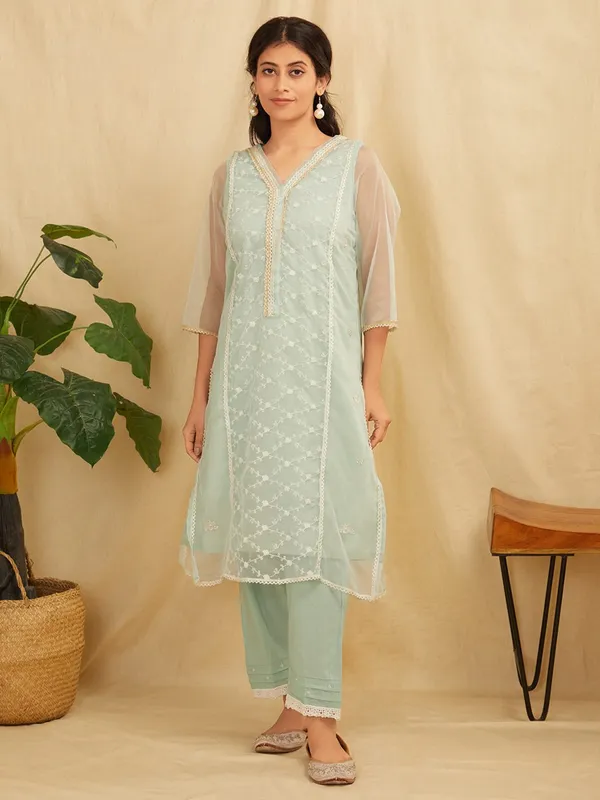 Sea_Green_Embroidered_Organza_Kurta_With_Sea_Green_Pants_-_XXL