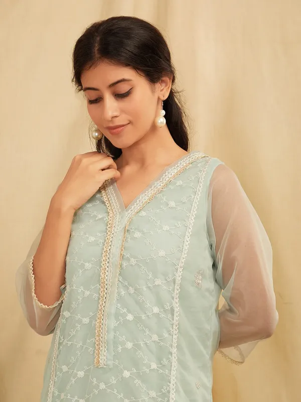 Sea_Green_Embroidered_Organza_Kurta_With_Sea_Green_Pants_-_XXL