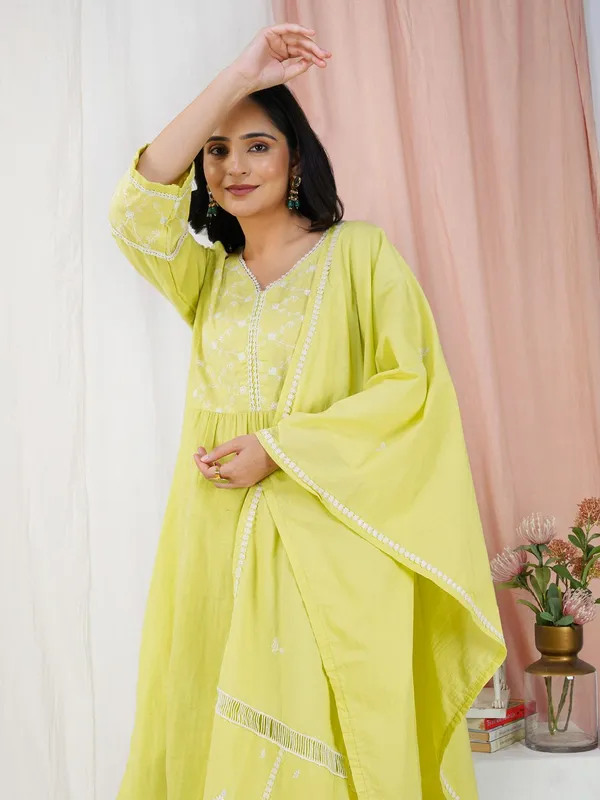 Lime_Green_Embroidered_Cotton_Kurta_With_Matching_Pant_And_Dupatta_-_XXL