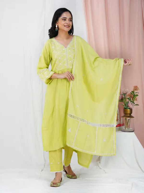 Lime_Green_Embroidered_Cotton_Kurta_With_Matching_Pant_And_Dupatta_-_XXL