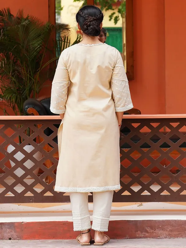 Beige_Embroidered_Cotton_Kurta_with_Pintuck_Pant_-_Set_of_2_-_XXL