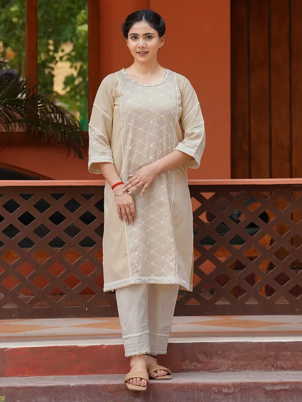 Beige_Embroidered_Cotton_Kurta_with_Pintuck_Pant_-_Set_of_2_-_XXL
