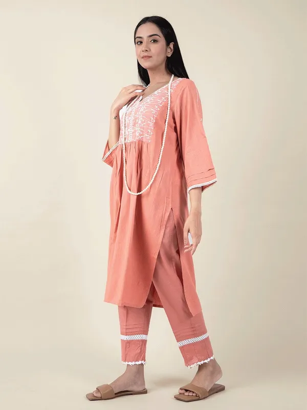 Rust_Brown_Embroidered_Cotton_Kurta_Paired_With_Matching_Pant_-_XXL