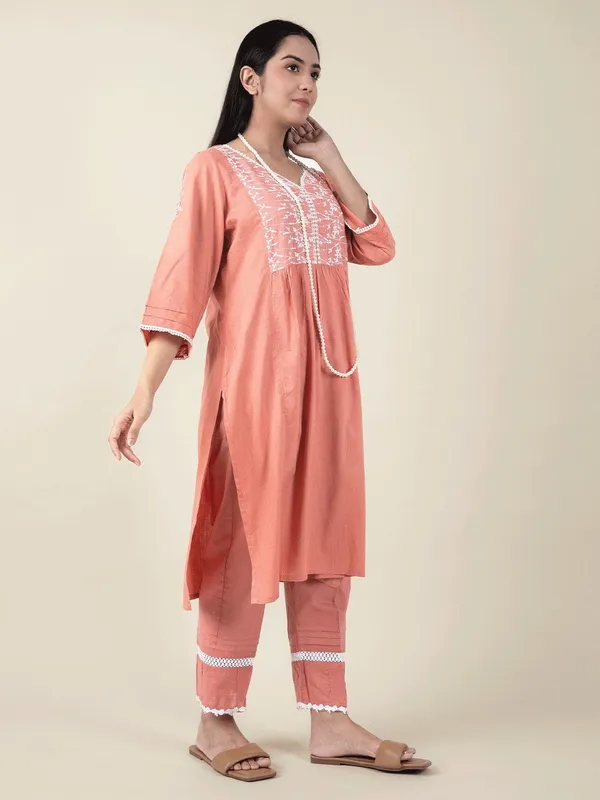 Rust_Brown_Embroidered_Cotton_Kurta_Paired_With_Matching_Pant_-_XXL