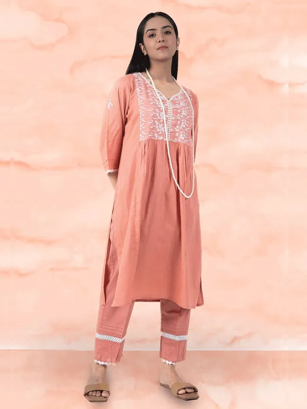 Rust_Brown_Embroidered_Cotton_Kurta_Paired_With_Matching_Pant_-_XXL