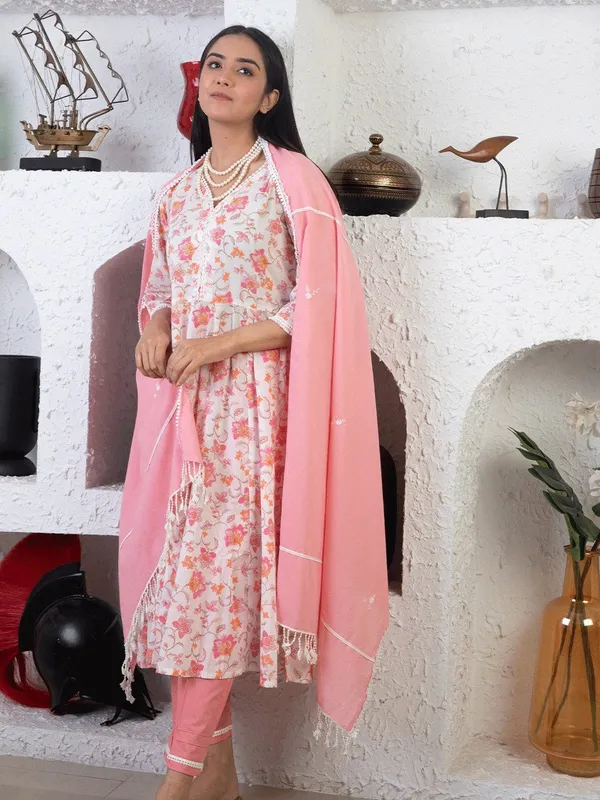 White_Pink_Printed_Cotton_Anarkali_With_Matching_Pant_And_Dupatta_-_XXL