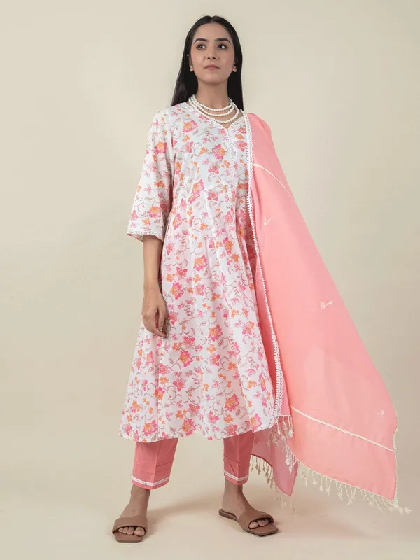 White_Pink_Printed_Cotton_Anarkali_With_Matching_Pant_And_Dupatta_-_XXL