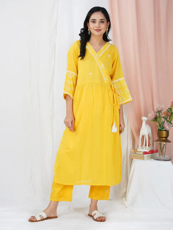 Yellow_Embroidered_Cotton_Angrakha_Kurta_Paired_With_Matching_Pants_-_XXL