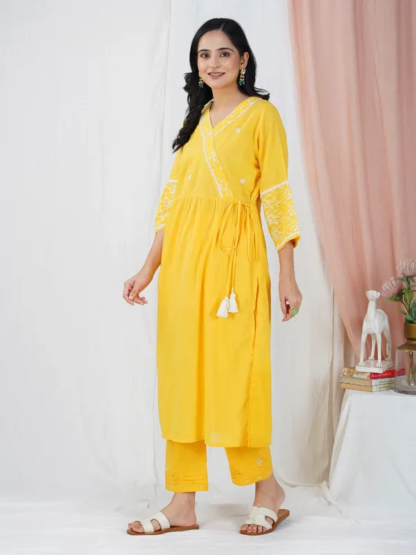 Yellow_Embroidered_Cotton_Angrakha__Kurta_With_Matching_Pants_And_Dupatta_-_XXL