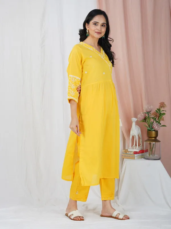 Yellow_Embroidered_Cotton_Angrakha__Kurta_With_Matching_Pants_And_Dupatta_-_XXL