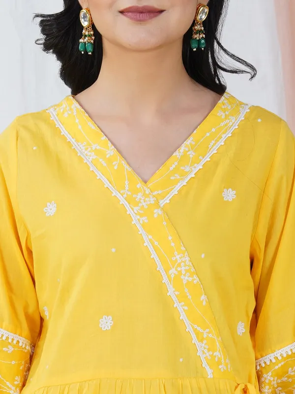Yellow_Embroidered_Cotton_Angrakha__Kurta_With_Matching_Pants_And_Dupatta_-_XXL