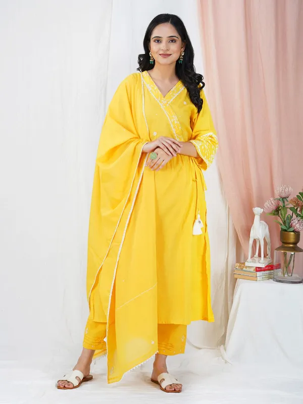 Yellow_Embroidered_Cotton_Angrakha__Kurta_With_Matching_Pants_And_Dupatta_-_XXL