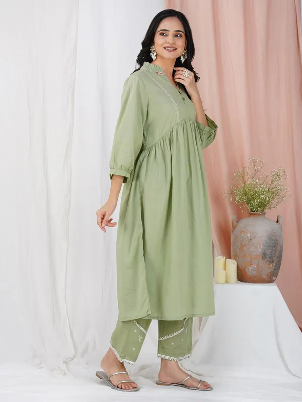 Olive_Green_Embroidered_Cotton_Kurta_Paired_With_Matching_Pant_-_XXL