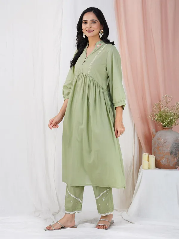 Olive_Green_Embroidered_Cotton_Kurta_Paired_With_Matching_Pant_And_Dupatta_-_XXL