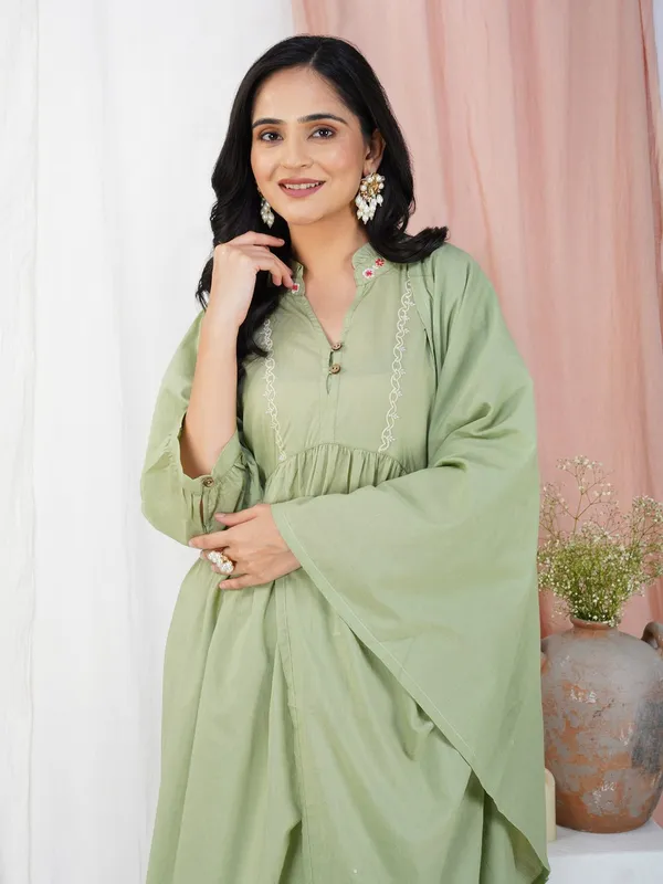 Olive_Green_Embroidered_Cotton_Kurta_Paired_With_Matching_Pant_And_Dupatta_-_XXL