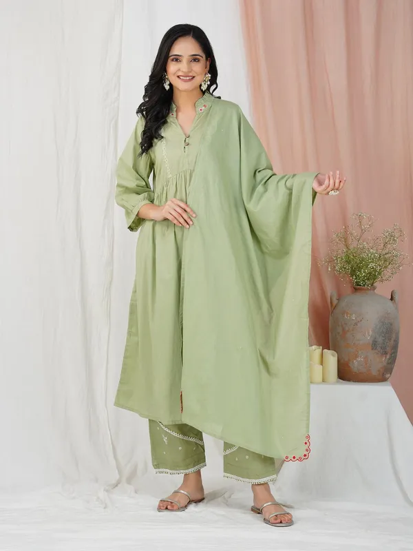 Olive_Green_Embroidered_Cotton_Kurta_Paired_With_Matching_Pant_And_Dupatta_-_XXL