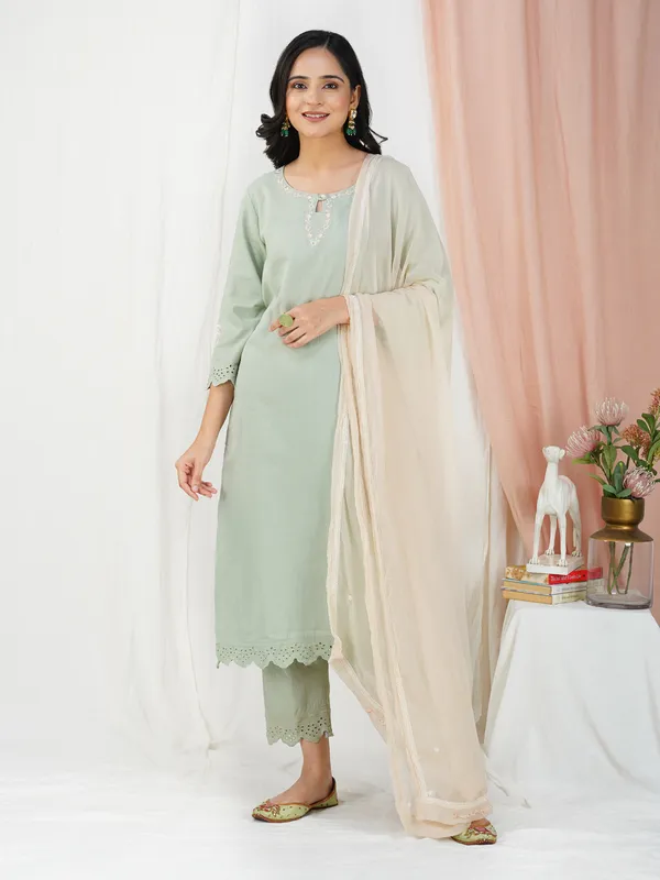 Green_Hand_resham_Embroidered_Cotton_Paired_With_Matching_Pant_And_Dupatta_-_XXL