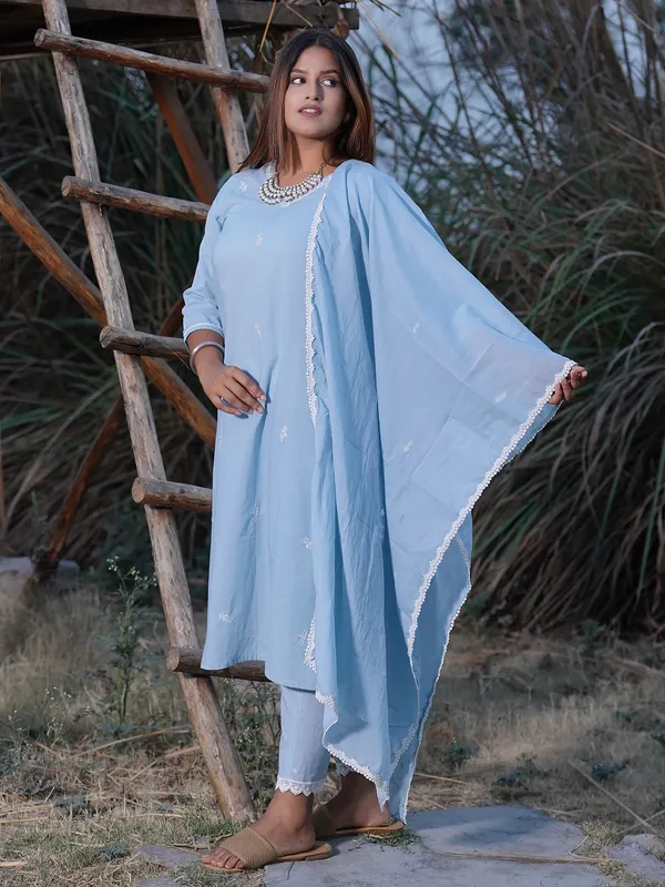 Sky_Blue_Embroidered_Cotton_Kurta_With_Matching_Pant_And_Dupatta_-_XXL