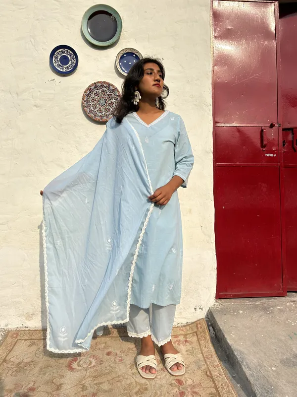 Sky_Blue_Embroidered_Cotton_Kurta_With_Matching_Pant_And_Dupatta_-_XXL