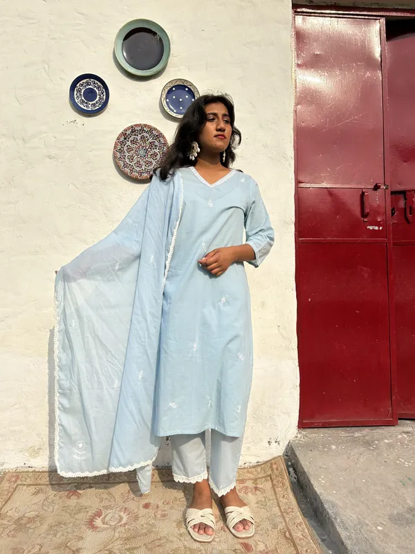 Sky_Blue_Embroidered_Cotton_Kurta_With_Matching_Pant_And_Dupatta_-_XXL